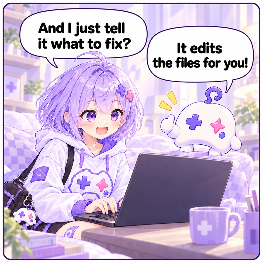 Asobi: “And I just tell it what to fix?” Ai: “It edits the files for you!”