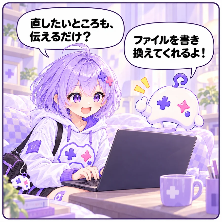 アソビ「直したいところも、伝えるだけ?」 アイ「ファイルを書き換えてくれるよ!」