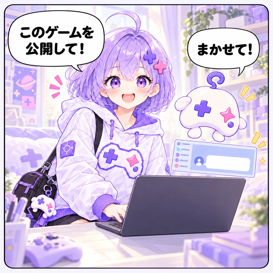 アソビ「このゲームを公開して！」　アイ「まかせて！」
