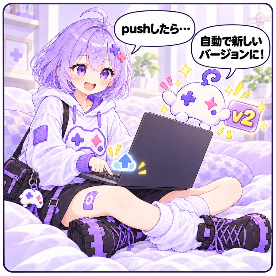 アソビ「pushしたら…」 アイ「自動で新しいバージョンに!」