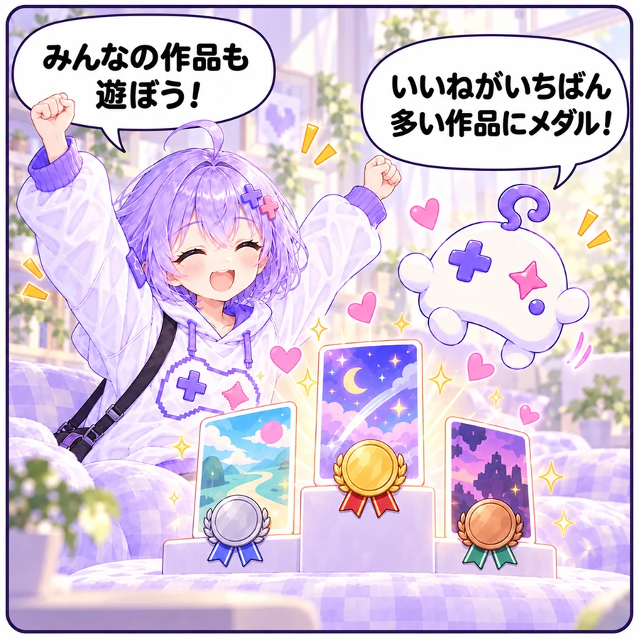 アイ「いいねがいちばん多い作品にメダル！」 アソビ「みんなの作品も遊ぼう！」