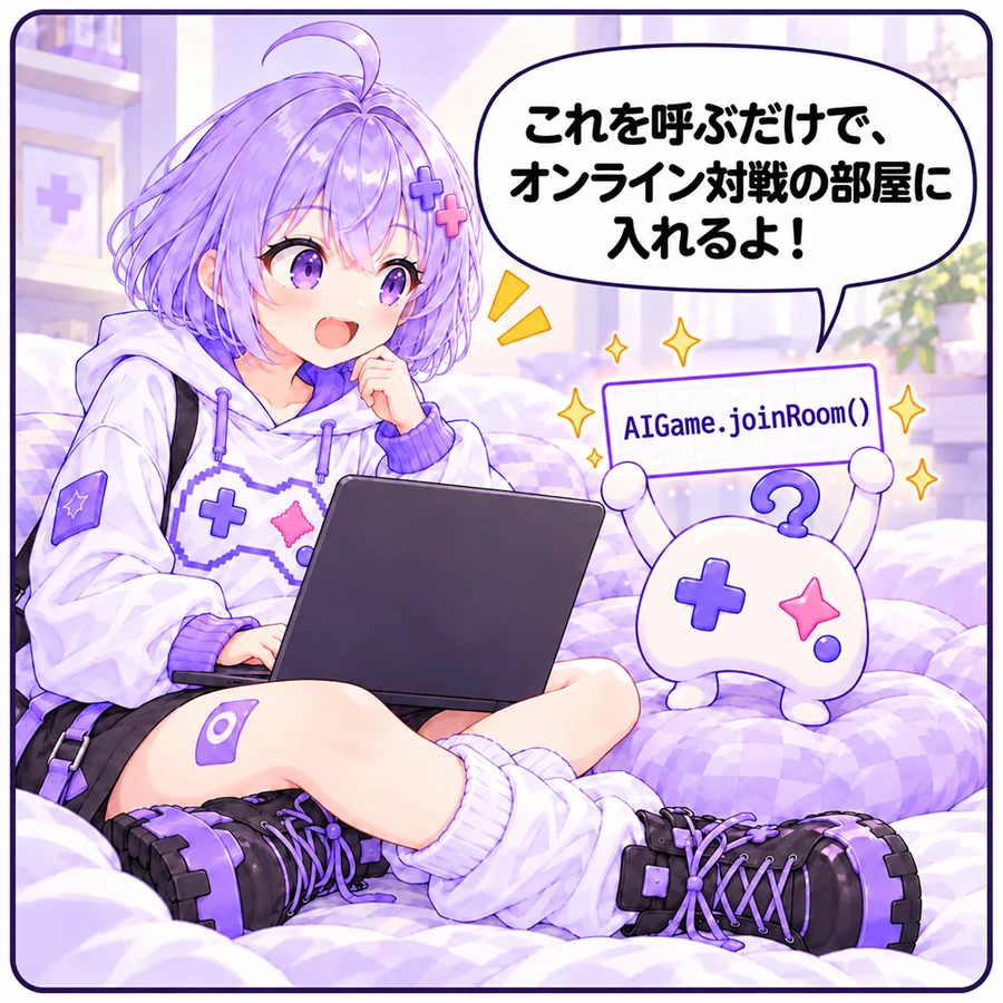 アイ「これを呼ぶだけで、オンライン対戦の部屋に入れるよ!」(AIGame.joinRoom())