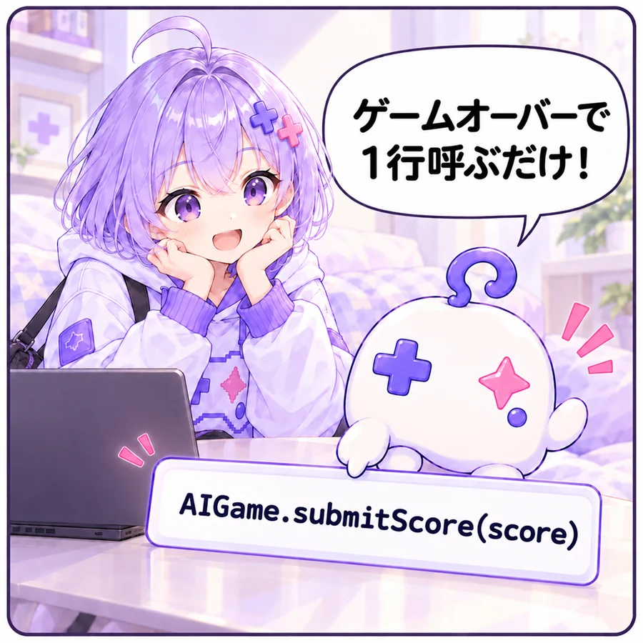 アイ「ゲームオーバーで1行呼ぶだけ!」(AIGame.submitScore(score))